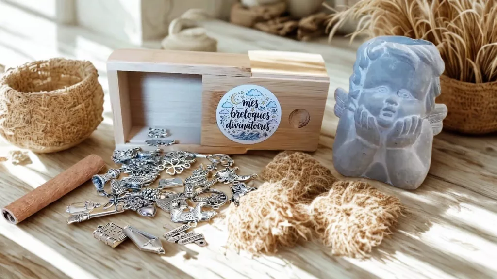 mes breloques divinatoires 1 ere édition coffret bambou ouvert et quelques breloques qui sortent de la boite