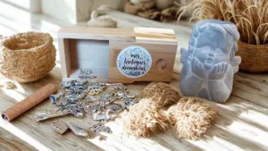 mes breloques divinatoires 1 ere édition coffret bambou ouvert et quelques breloques qui sortent de la boite