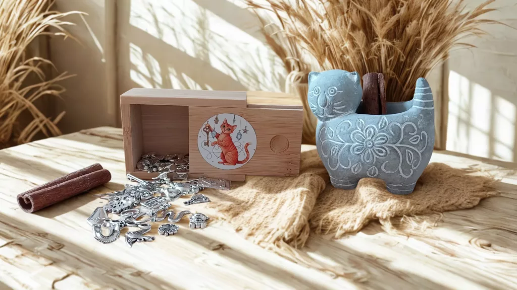 presentation de la boite a breloque chat roux avec ses breloques qui tombent de la boite