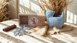 presentation de la boite a breloque chat roux avec ses breloques qui tombent de la boite