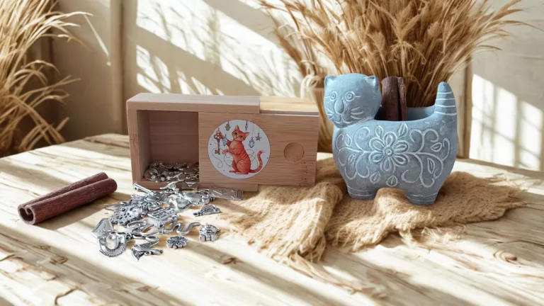 presentation de la boite a breloque chat roux avec ses breloques qui tombent de la boite