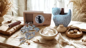 presentation de la boite a breloque chat noir avec ses breloques qui tombent de la boite