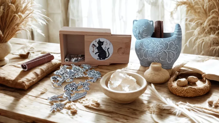 presentation de la boite a breloque chat noir avec ses breloques qui tombent de la boite