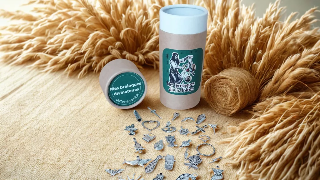 présentation des breloques de la bohemienne avec sa boite en carton tube et etiquette design