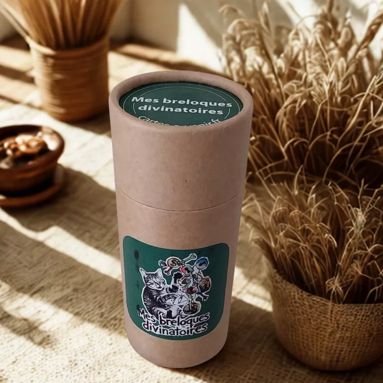 Présentation de la boite tube du chat déjanter avec ses breloques divinatoires étalées