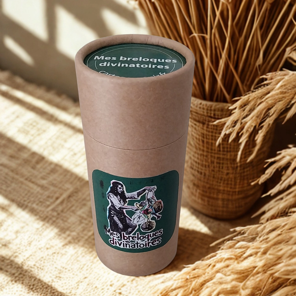 Vue de face de la boite à breloques bohemienne un tube de rangement en cartonarborant une étiquette